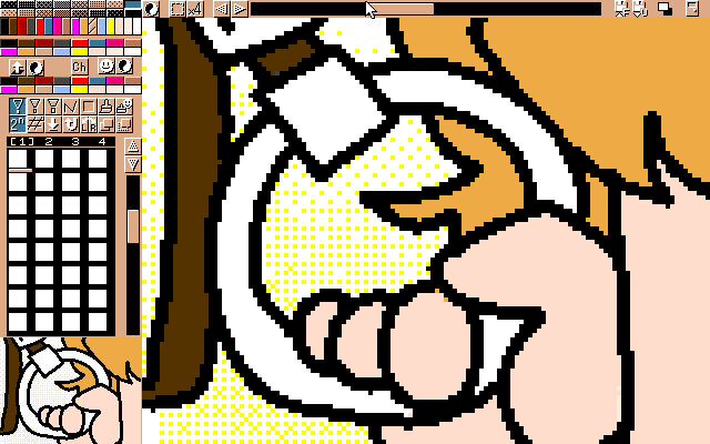 マルチペイント(MPS.EXE Ver1.01)画面、16色に収まっておる＼(^o^)／まぁ、影とか陰を塗ってないからなっ!ヽ(^.^;)丿つか、なんで手のアップをキャプチャしとん?ヽ(^.^;)丿