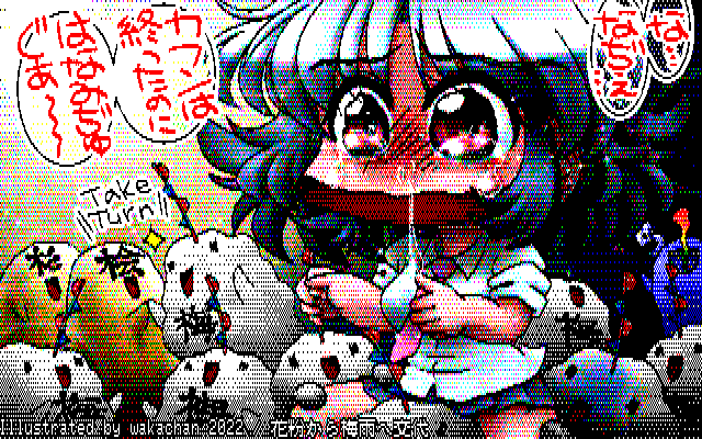 【デジタル8色アナログ16色】デジタル8色(8colors Dithering)版、やはり細かく色々描いてあると8色化変換は難しい(^_^;)梅雨君の頭にある梅雨前線毛(w)も、わややなコトになっとる…まぁ「梅」マークが読めてるからまだいいけど(^_^;) [KTY形式][KT4形式]