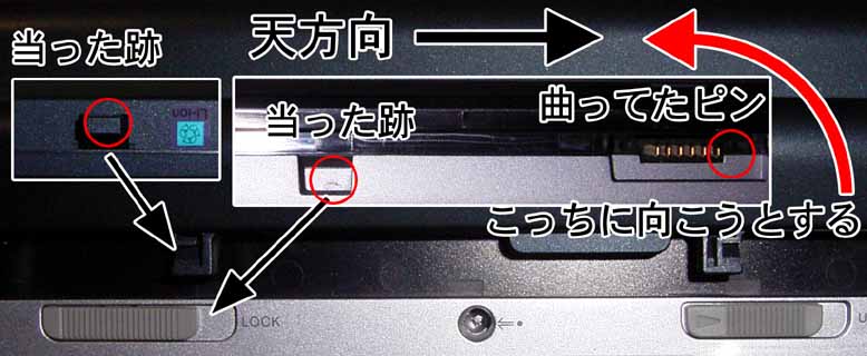 さてこのバッテリパックですが、裏から見てＬＯＣＫの鍵は２つ、その内バッグに入れて下側になる鍵とそれがハマる部分に、若干ですが当って擦れたような跡が見えます…しかし、もう片方のほうにはそういう跡が全く無い訳では無いですが、それでも擦れ具合は見た目で全然違うコトが判ります…(^_^;)曲がってたピンはバッテリ側の擦れた鍵とは反対側にあるので、これから想像するに、バッグに常に同じ方向に入れて歩き回ってたせいで、ピンに負荷が加わり曲がってしまい、その為、接触不良が起きてしまった…のではないかとヽ(^.^;)丿