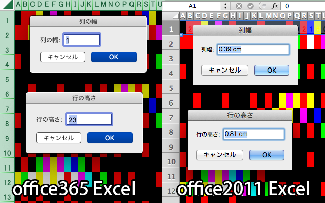 ドットの縦横比はセルの縦横幅で指定するのだけど…同じデータを読んでるのに、Office365とOffice2011(Mac)で値が違うって…単位違うんだっけ?にしては比率も違うみたいなんだが…(^_^;)謎