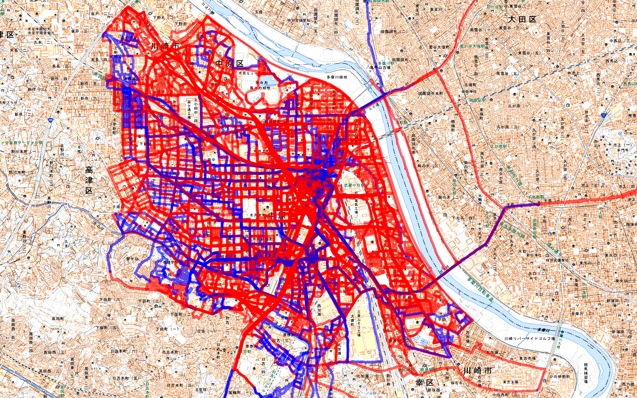 GPSのログを全部重ねてみたの図…通れる道路は一通り通った…ハズ(^_^;)尚、私有地とか袋小路(大抵は私有地)、団地などの敷地内(関係者以外立ち入り禁止なトコ)、歩道の無いとこは含めずです(^_^;)