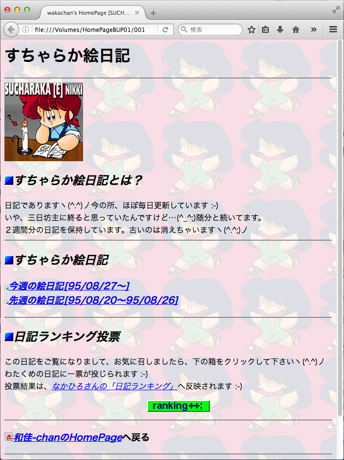 1995年8月末頃の(Internet User 1996年1月号掲載のスナップと同じ頃)HomePage…はい、当時のHTMLがまだそのまま残ってたので(^_^;)そうか、そう言えば当時は鯖の容量の関係で2週間以上の日記を置いておけなかったんだなぁ…(^_^;)日記ランキングのボタンも懐かしいw